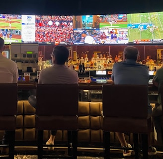 A group of people sit at a bar with their backs to the camera, watching multiple sports games displayed on large screens. The bar counter is lined with various bottles of liquor, and the atmosphere suggests a casual and relaxed social setting.