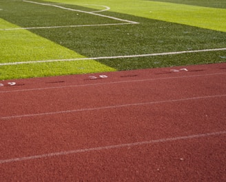 A sports field with vivid green grass divided into sections by white lines in the background. In the foreground, a track with a reddish-brown surface is marked with numbers and lines.